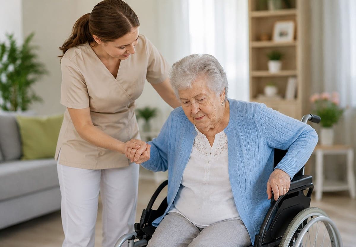 Eine Betreuungskraft hilft einer älteren Dame im Wohnzimmer, aus dem Rollstuhl aufzustehen